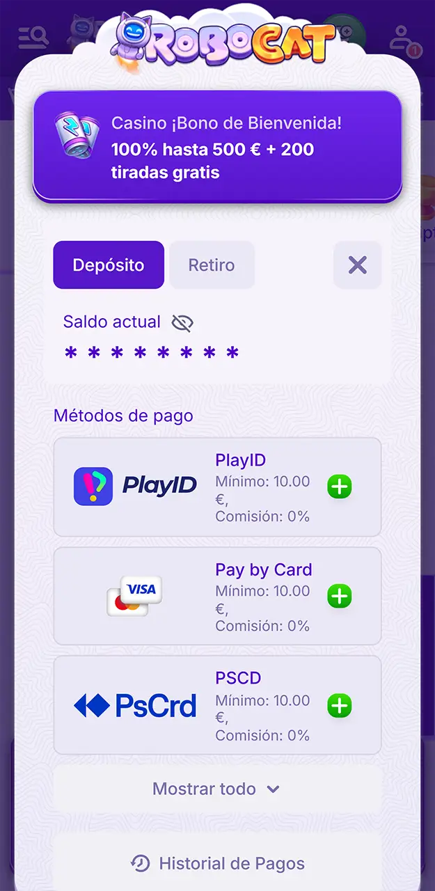 Realiza un depósito mínimo en Robocat.