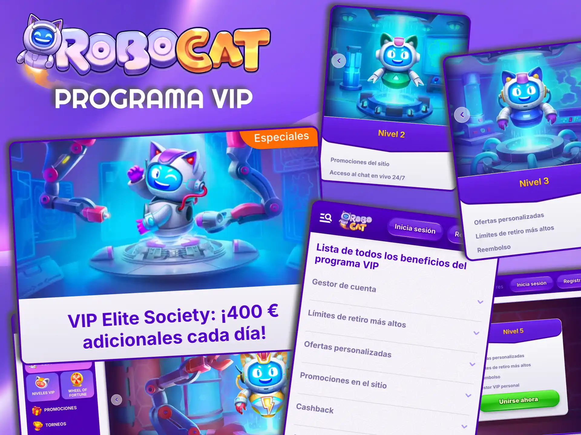VIP Robocat sube niveles y desbloquea beneficios exclusivos.